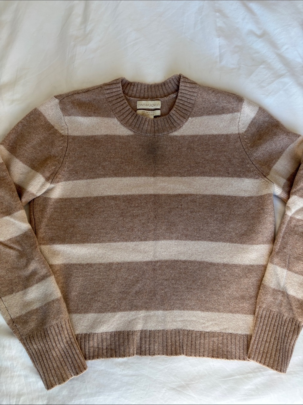Cynthia Rowley Cashmere Wool Taupe and Cream Wide-Stripe Crewneck Sweater